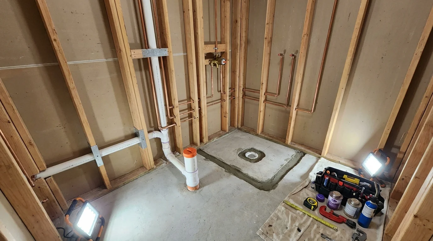 Bathroom rough-in plumbing during remodel by Johns Plumbing LLC in Kenbridge