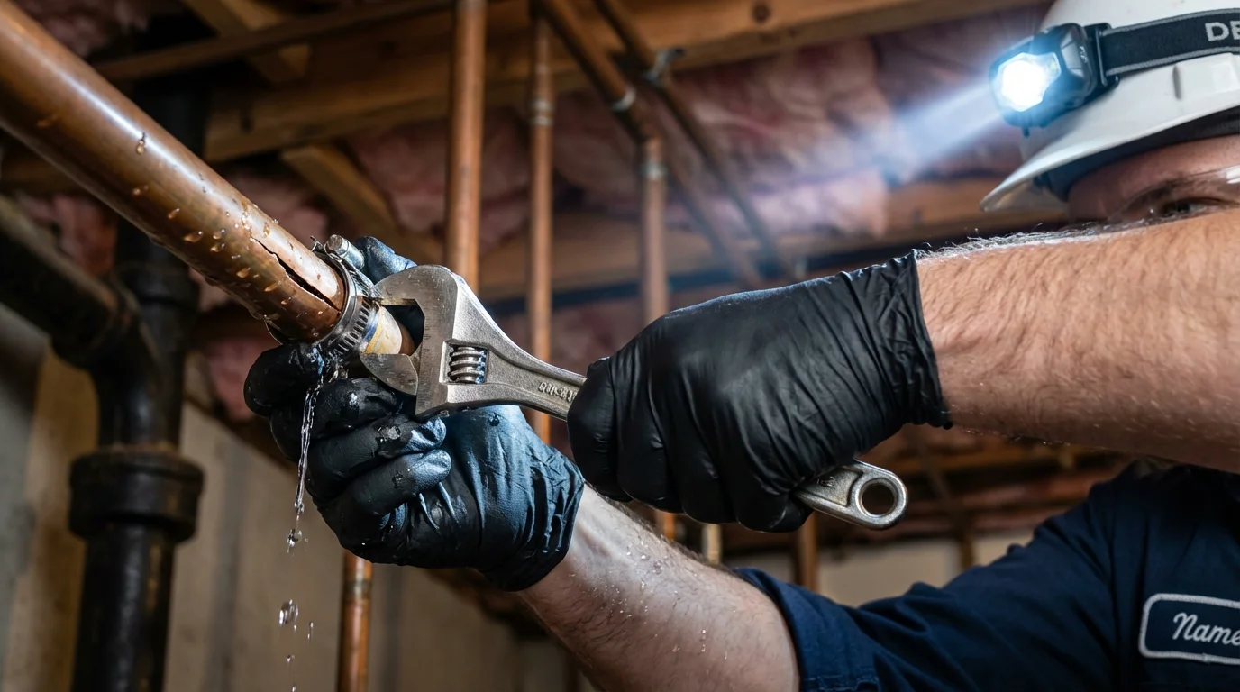 Emergency pipe clamp repair being performed by a Johns Plumbing LLC plumber in Kenbridge