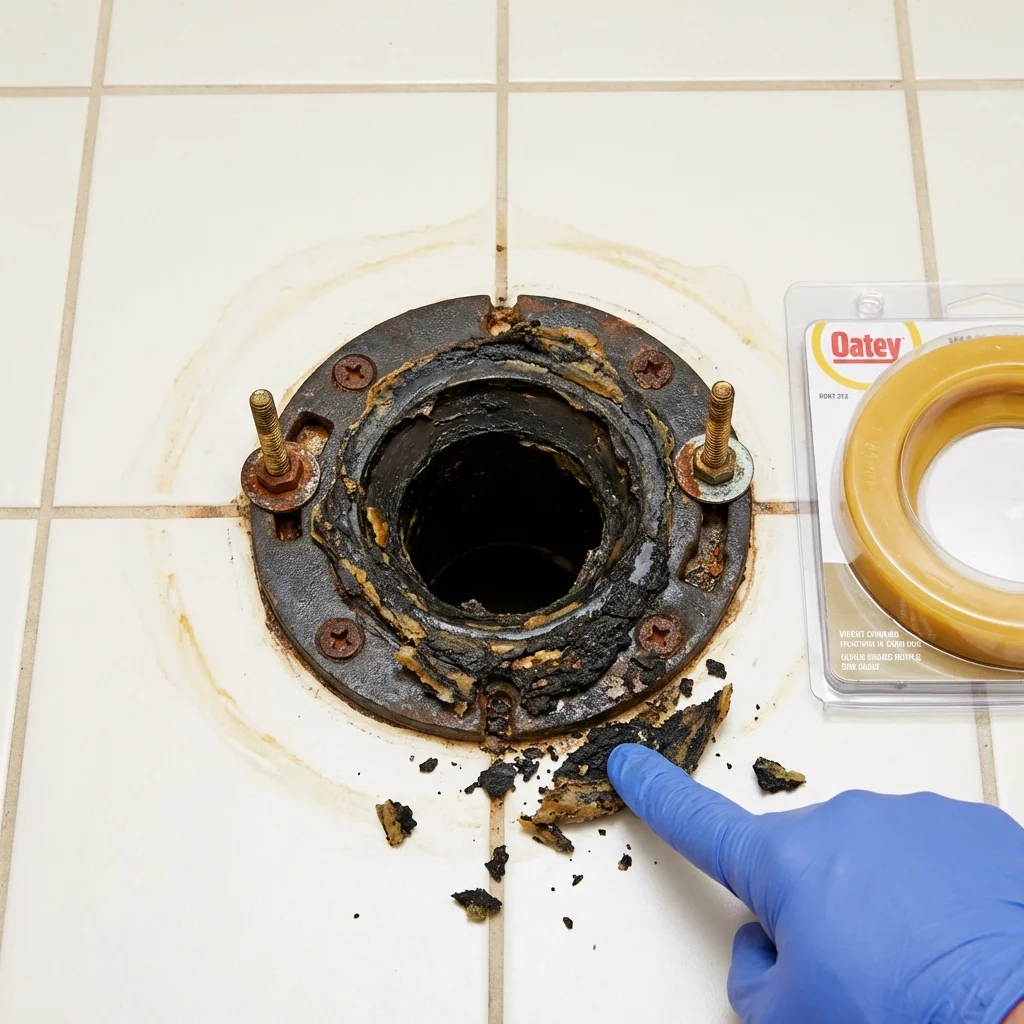 Failed wax ring showing water seepage at the base of a toilet in a Kenbridge, VA home