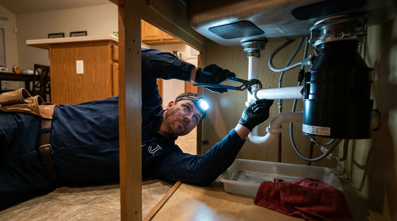 P-trap and supply line connections under a kitchen sink showing a common leak point in Kenbridge, VA